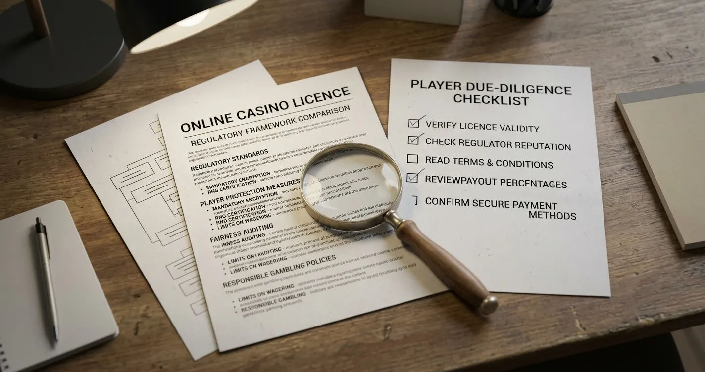 Editorial illustration comparing a licence register document with a player due-diligence checklist