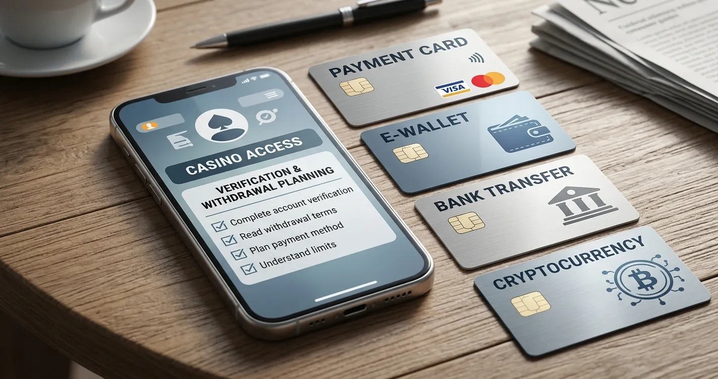 Editorial illustration of a mobile casino checklist beside card, e-wallet and cryptocurrency payment symbols