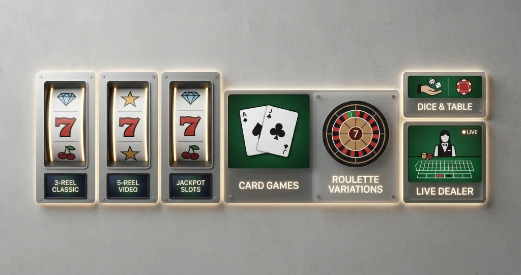 Neutral casino game grid with slot, card and live-table symbols