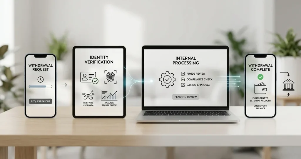 Neutral withdrawal timeline from payout request through verification and payment receipt