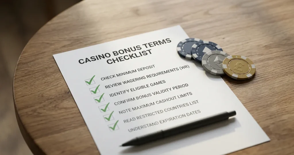 Editorial bonus checklist with casino chips and a pound symbol