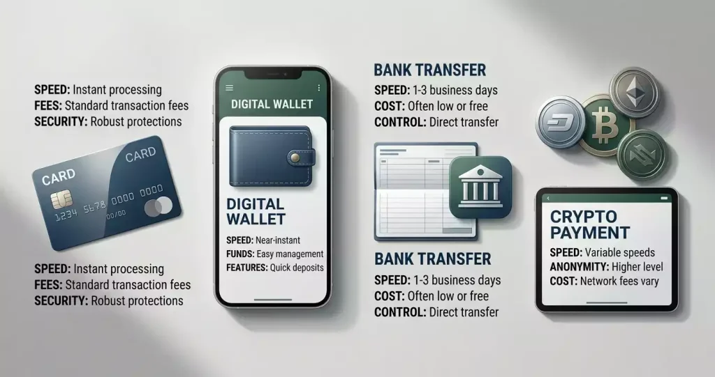 Neutral payment checklist showing a card, e-wallet, bank transfer and cryptocurrency symbols in a British pound context