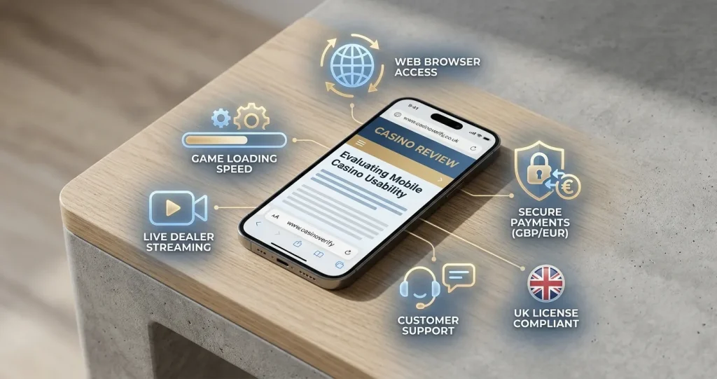 Smartphone beside a generic mobile casino review checklist with neutral UK context