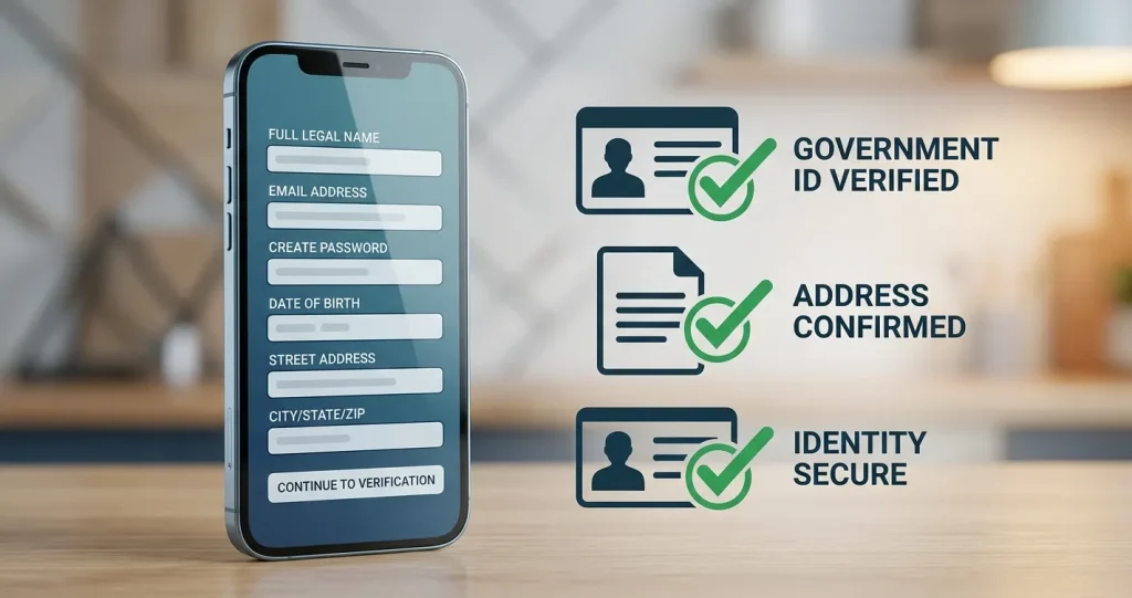 Generic account registration and identity verification checklist with document silhouettes and no real personal data