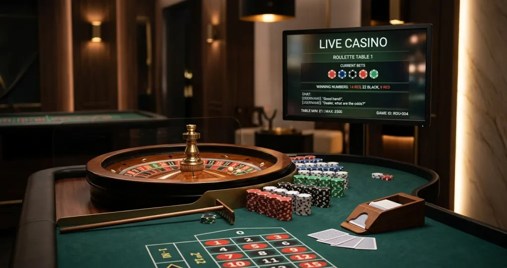 Stylised live dealer casino table with cards and roulette wheel, without branding or identifiable people